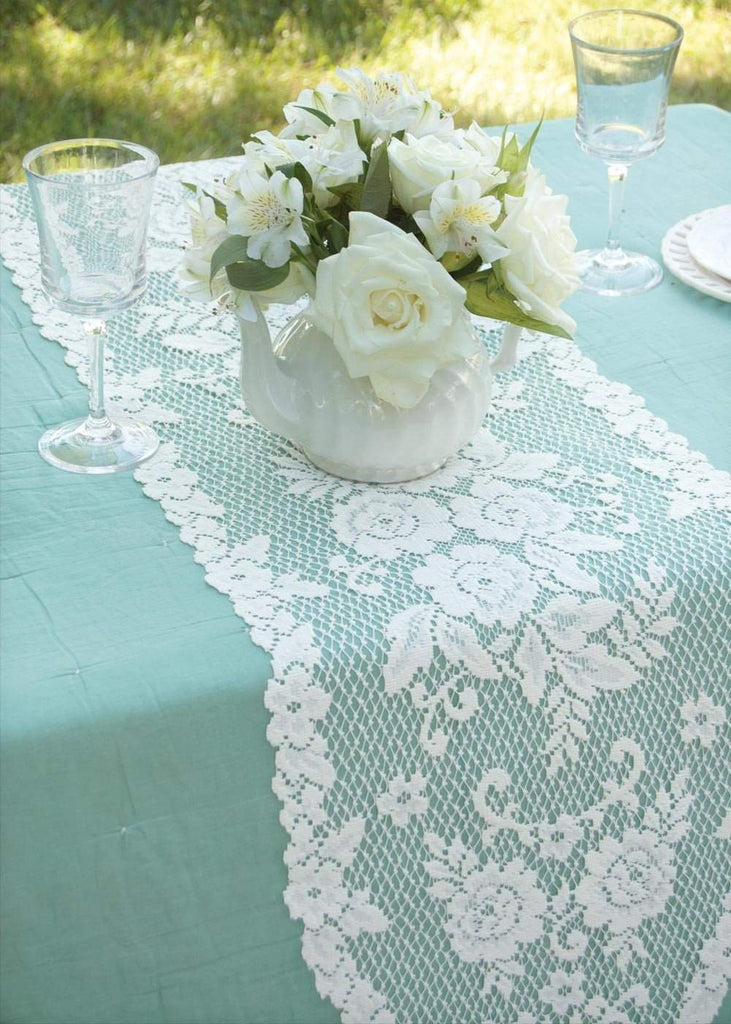 Heritage Lace Victorian Rose 13 x 54 Lace Table Runner-Roses And Teacups