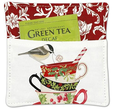Holiday Christmas Bird on Stacked Tea Cups Spiced Mug and Tea Cup Mat with Tea Bag Gift