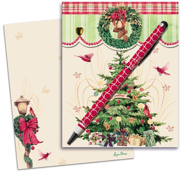 Holiday Christmas Tree with Cardinal Matchbook Style Note Pad and Pen Set-Roses And Teacups