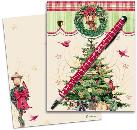 Holiday Christmas Tree with Cardinal Matchbook Style Note Pad and Pen Set
