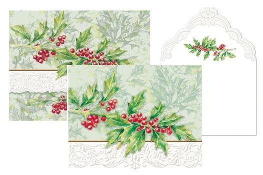 Holly Berry Note Card Portfolio Carol Wilson Fine Arts Holiday Christmas Stationery-Roses And Teacups