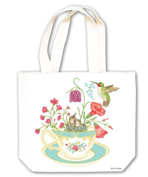 Hummingbird and Tea Cup Tea Gift Favor Tote with Tea and Spiced Tea Cup Coaster Mat-Roses And Teacups