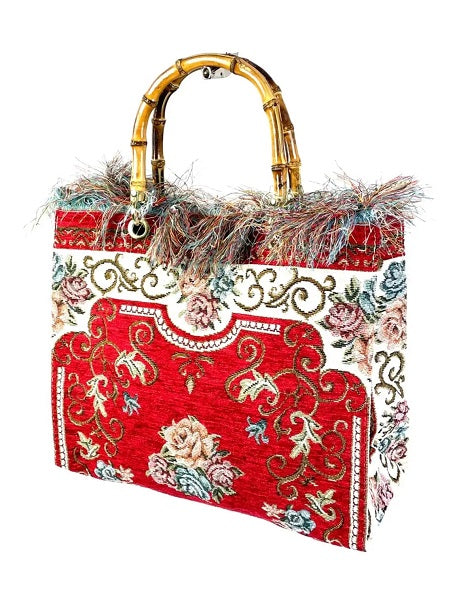 Red Italian Carpet Bag with Bamboo Handles
