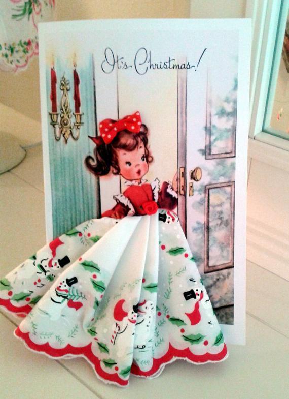 Its Christmas Hanky Greeting Gift Card-Roses And Teacups