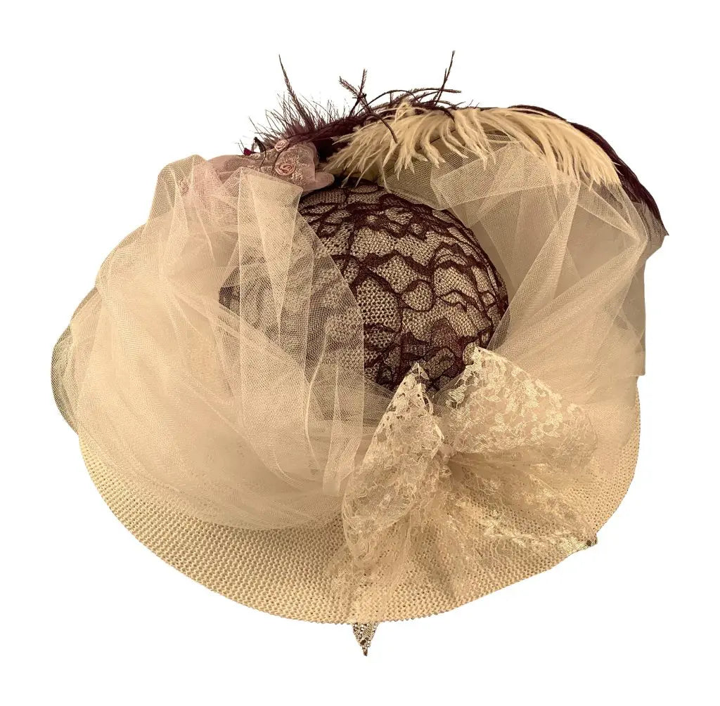 Ivory 5″ Large Brim Edwardian Hat W/Tulle And Plum Flowers #4490