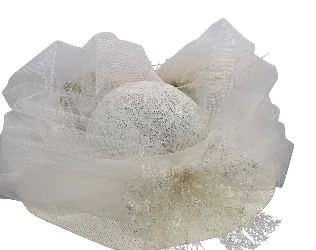 Ivory 5″ Large Brim Edwardian Hat W/Tulle Seafoam Flowers #4493 Back View