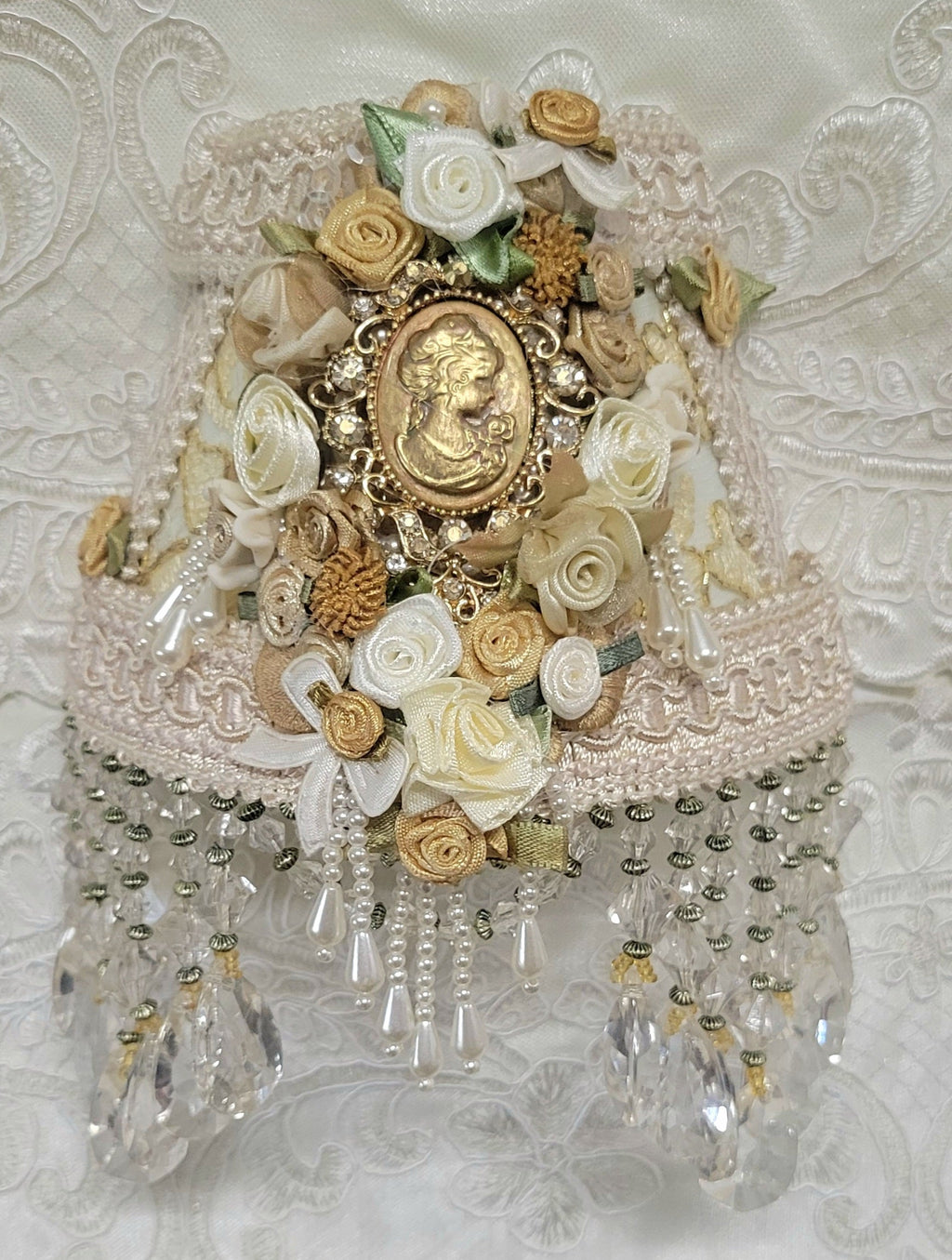 Ivory wih Gold Victorian Cameo Lace and Hand Beaded Fringe Nightlight (night light) - One of a Kind!-Roses And Teacups