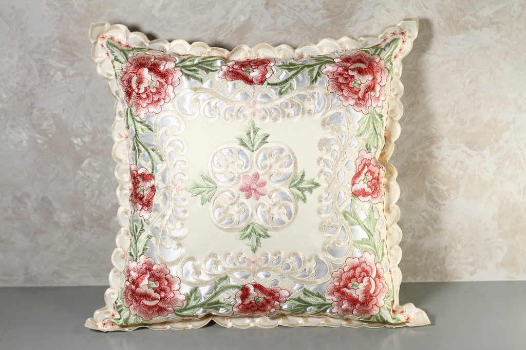 Jessica's Peonies Embroidered Lace Cut Out Pillow Cover-Roses And Teacups