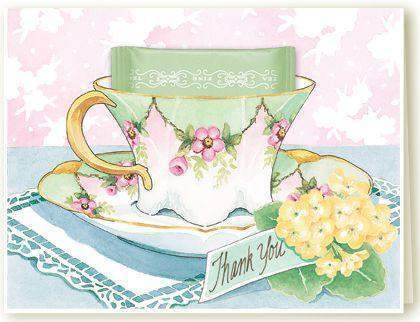 Kimberly Shaw Pink & Green Thank You Tea Card-Roses And Teacups