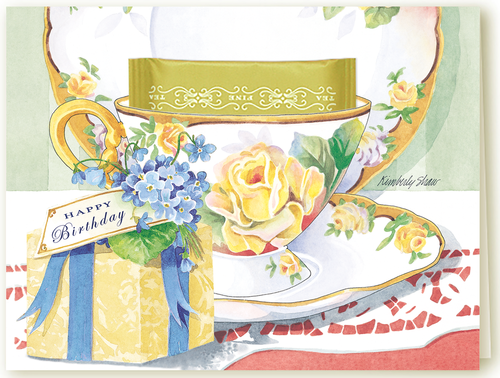 Kimberly Shaw Yellow Rose Happy Birthday Gift Tea Card-Roses And Teacups