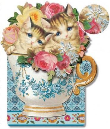 Kittens in Teacup Dimensional Greeting Card You Are My Cup of Tea-Roses And Teacups