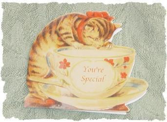 Kitty and Teacup Die Cut Note Card Set of 6 / Includes Envelopes 3 1/2 x 4 1/2 "You're Special"