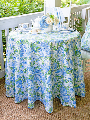 La Vie En Rose Blue Round Tablecloth