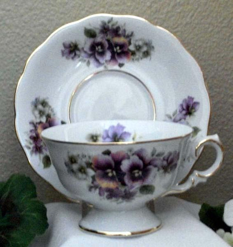 Laurel Pansy Porcelain Tea Cups (Teacups) and Saucers Set of 2