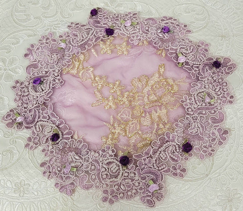 Lavender Beaded Lace Doily Gold Thread - One of a Kind!-Roses And Teacups