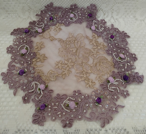 Lavender Beaded Lace Doily Gold Thread-Roses And Teacups