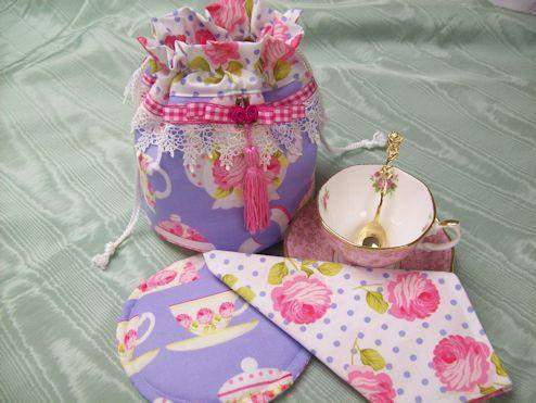 Lavender Tea Cups and Teapots Tea Cup Carrier Tote-Roses And Teacups
