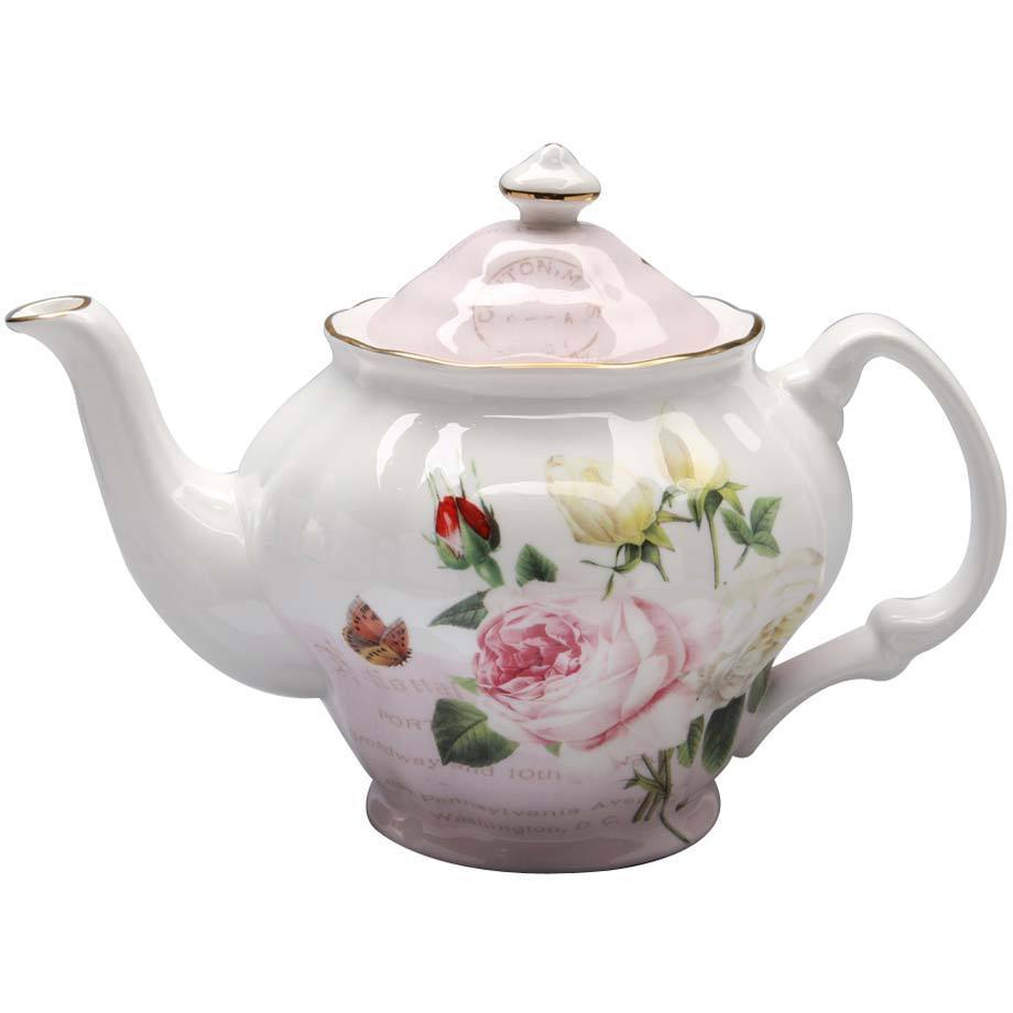 Liz's Garden Bone China Teapot-Roses And Teacups