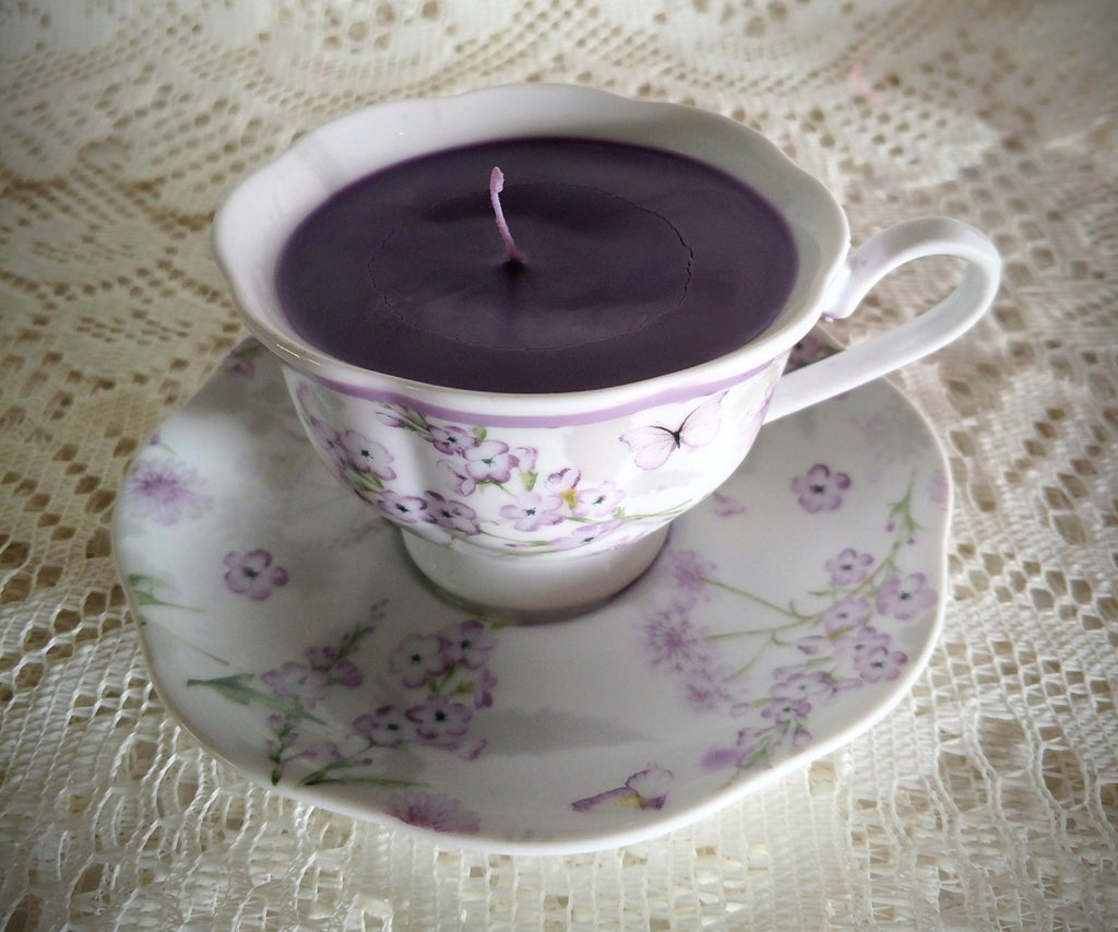 Lovely Lavender Floral and Butterflies Tea Cup Candle - 2 Gifts in 1!!-Roses And Teacups