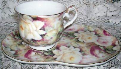 Lush Roses Chintz 4 Piece Porcelain Tea or Coffee Snack Set Satin Lined Gift Box-Roses And Teacups