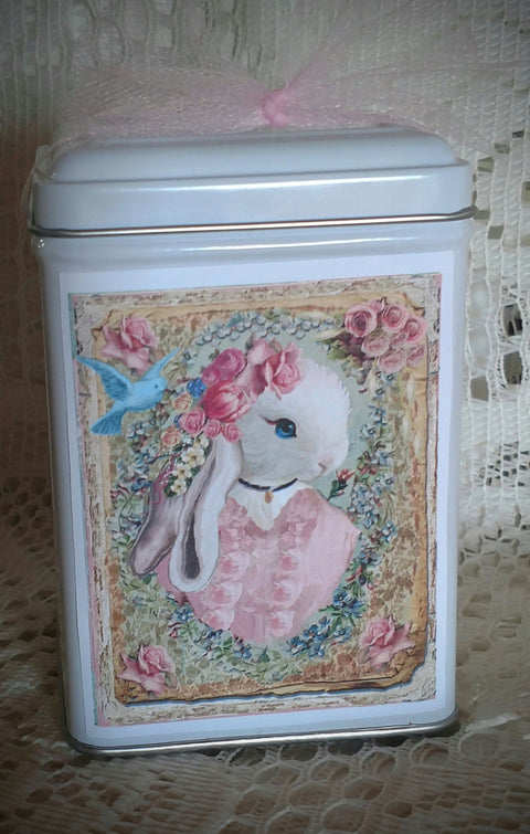 Madame Bunny with Blue Bird Candy and Tea Tin Perfect Party Favor-Roses And Teacups