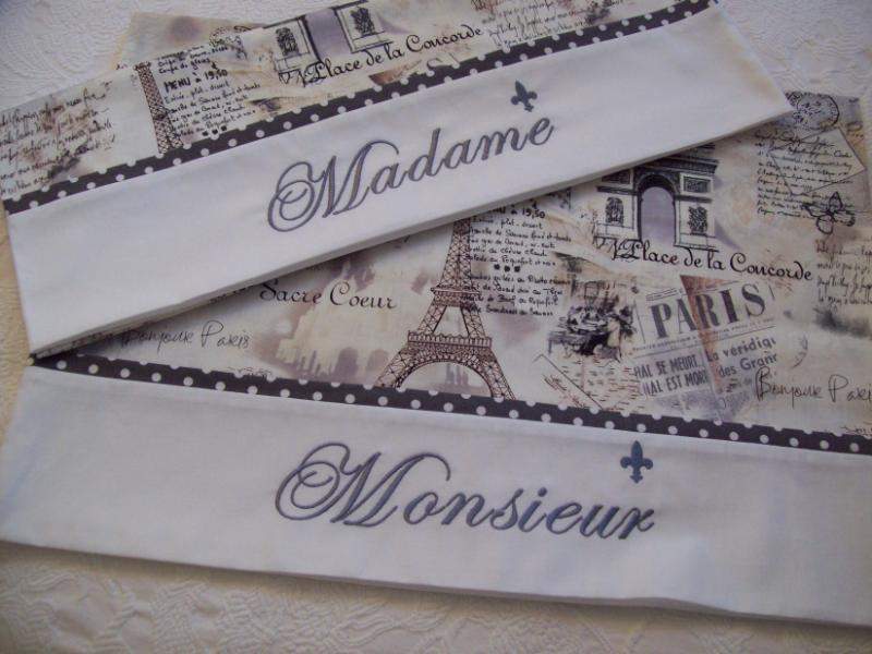 Madame Monsieur French Script Embroidered Pillow Cases Set of 2-Roses And Teacups