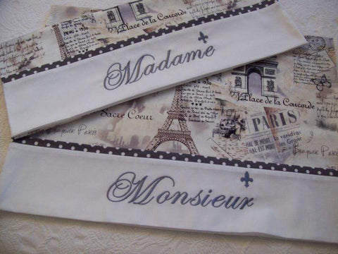 Madame Monsieur French Script Embroidered Pillow Cases Set of 2-Roses And Teacups