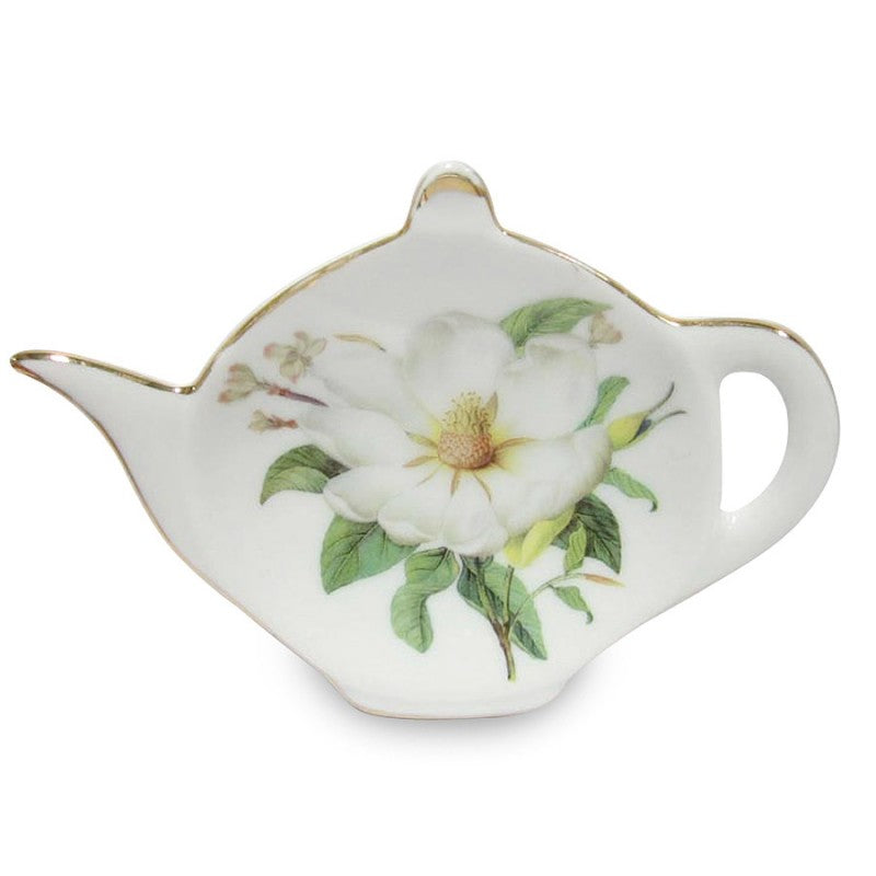 Magnolia Tea Bag Holder Porcelain Teapot Shaped Set of 4-Roses And Teacups