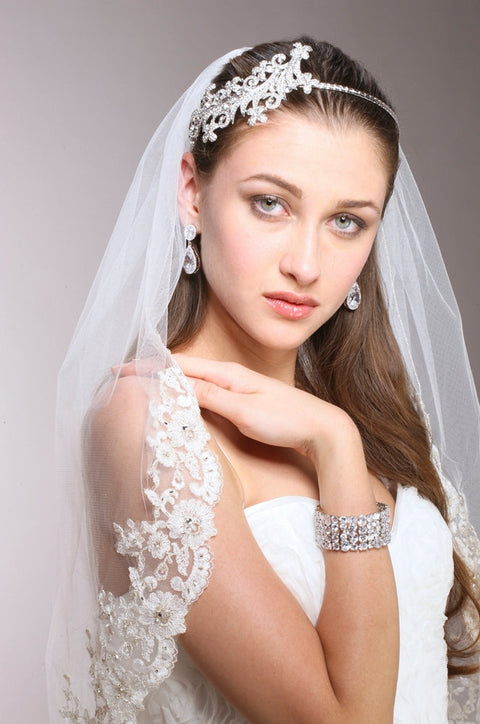 Mantilla Bridal Veil with Crystals, Beads & Lace Edge 1-Layer