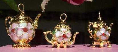 Medium Gold Vermeille Cloisonne Teapot Charm-Roses And Teacups