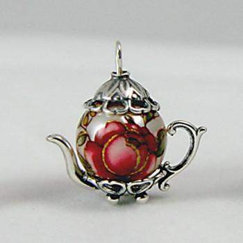 Medium Sterling Silver Faux Pearl Teapot Charm-Roses And Teacups