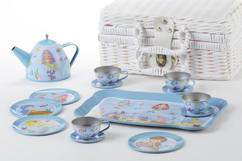 Merry Mermaids Childrens Kids Tin Tea Set Teaset FREE tea! Little Girls 19pc Tea Set in a White Wicker Style Basket