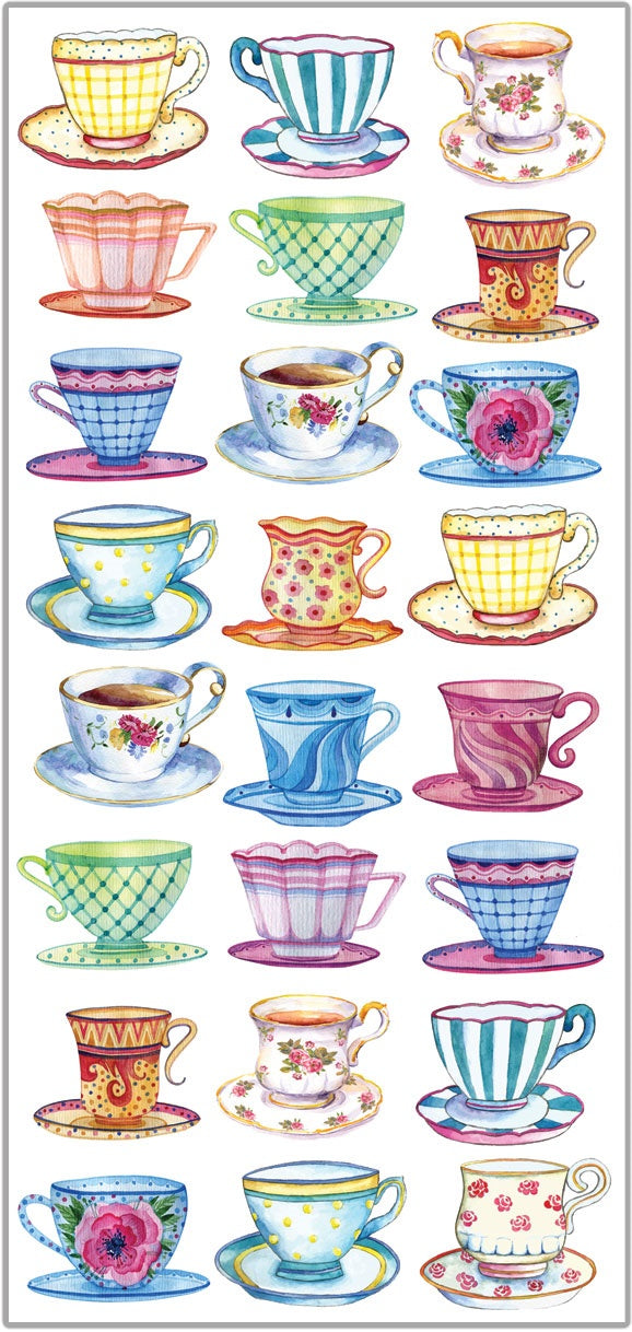 Modern Tea Cups and Roses Victorian Floral 2 Sheets of Stickers