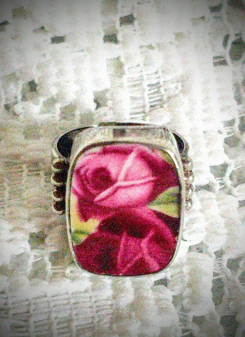 Old Country Rose Sterling and Broken China Ring Size 7.5 - One of a Kind!