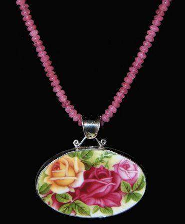 Old Country Roses Broken China Pendant Necklace on Pink Agate ONE OF A KIND!-Roses And Teacups