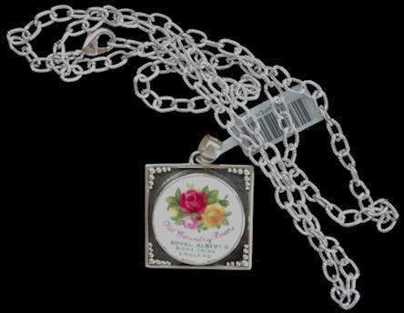 Old Country Roses Sterling and China Back Stamp Pendant with Rhodium Chain-Roses And Teacups