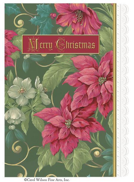 Original Carol Wilson Boxed Green Poinsettia 5 x 7 Christmas Cards 8 Cards with 9 Envelopes