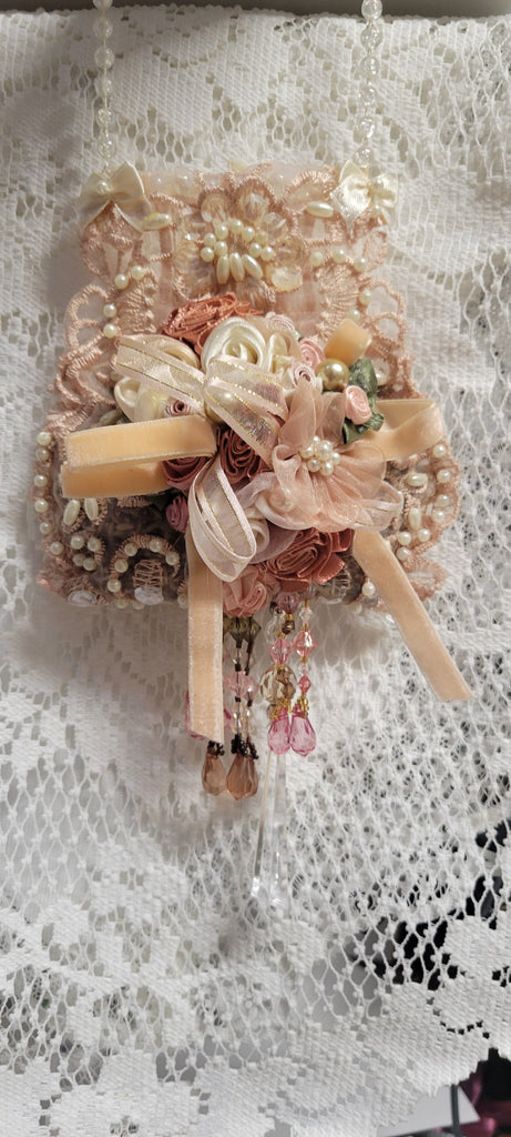 Peach Crystal Victorian Lace Purse Sachet Lavender - One of a Kind!-Roses And Teacups