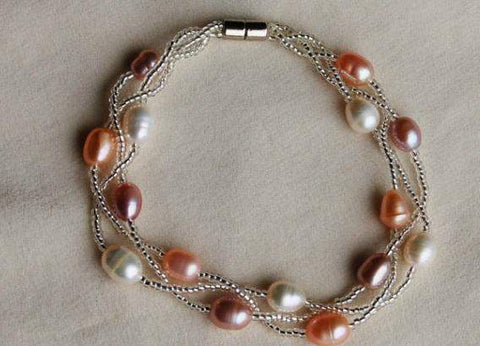 Peach Pastels Freshwater Pearls Bracelet with Magnetic Closure BF017-Roses And Teacups