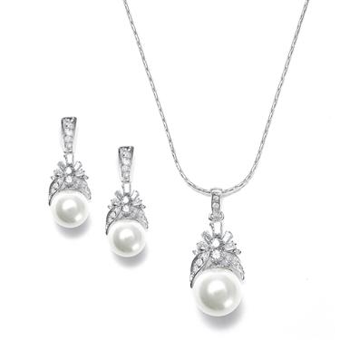 Pearl and CZ Baguettes Necklace Set 261S-Roses And Teacups