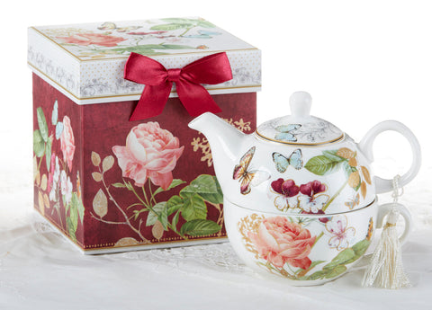 Peonies and Butterflies Porcelain Tea For One Gift Boxed-Roses And Teacups