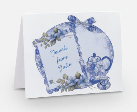 Personalized Tea Cup and Teapot Note Cards Blue Set of 10
