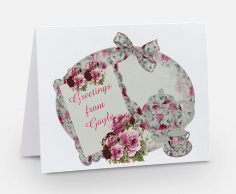 Personalized Tea Note Cards Pink Set of 10-Roses And Teacups