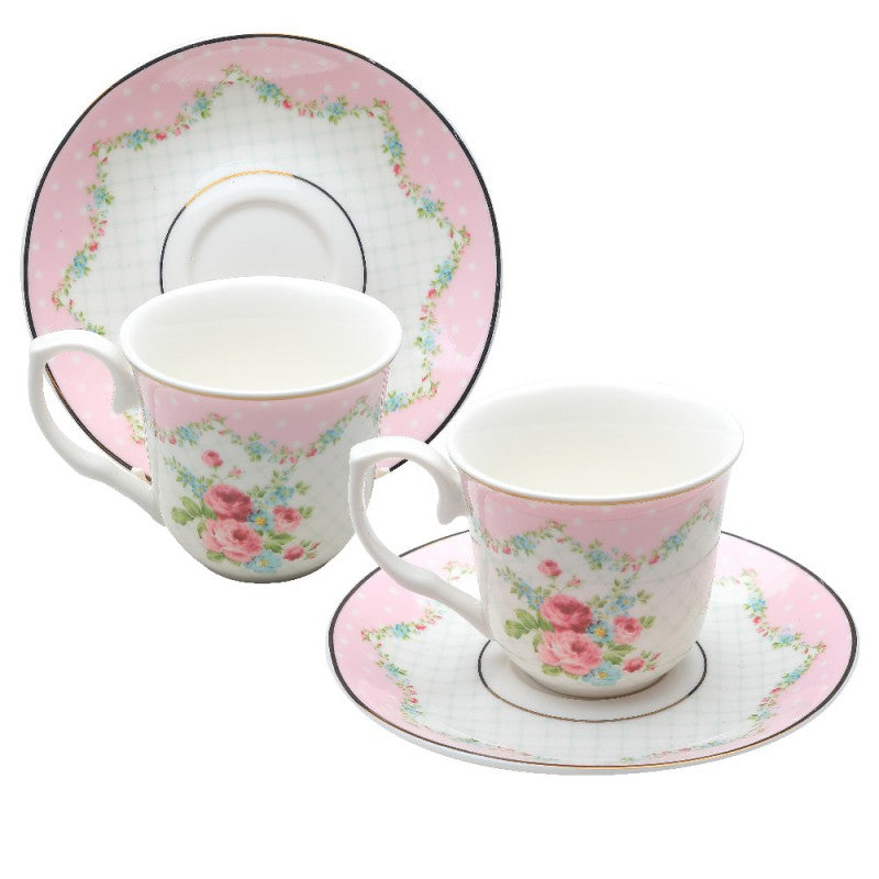 Pink Ashley Rose Demi Teacups and Saucers Children or Espresso Gift Boxed Set of 2-Roses And Teacups