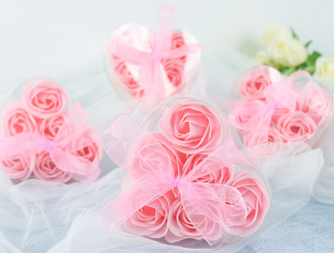 Pink Blush Roses Scented Soaps In Heart Shaped Party Favors With Gift Boxes And Ribbon - Set of 4
