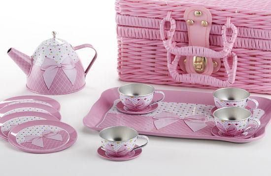 Pink Bow Childrens Tin Teaset FREE tea! 15pc Tea Set for Little Girls in a Pink Wicker Style Basket-Roses And Teacups