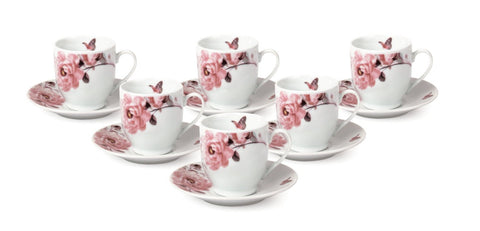 Pink Butterfly Gift Boxed Set of 6 Fine Porcelain Demi Tea Cups with Saucers