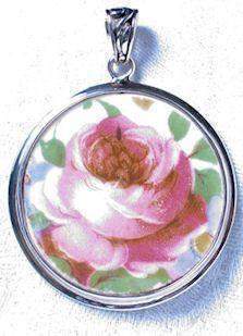 Pink Cabbage Rose Sterling China Pendant