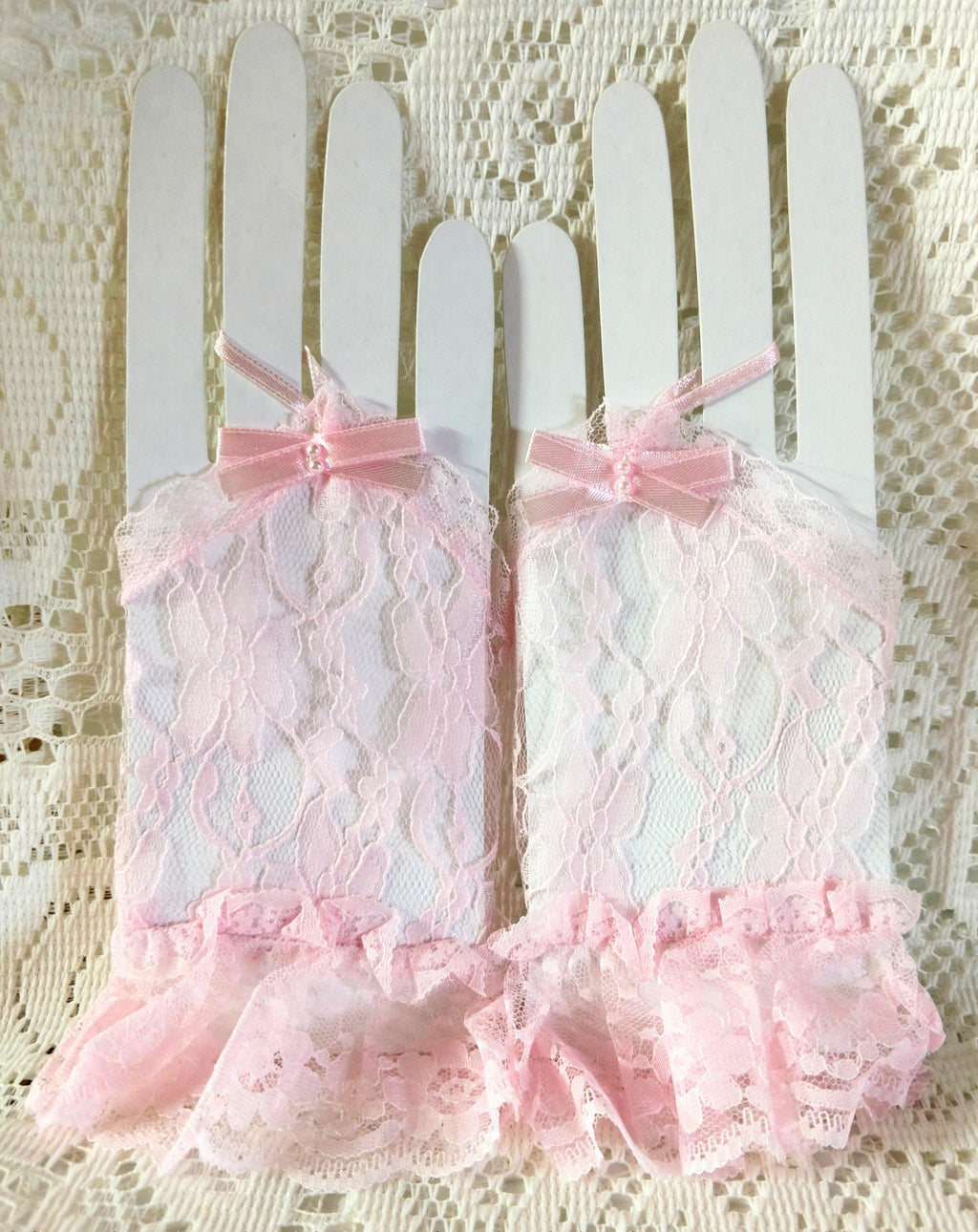 Pink Fingerless Lace Gloves Perfect for Tea Parties or Bridal Affairs!!-Roses And Teacups