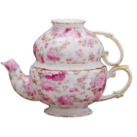 Pink Peony and Rose Chintz Tea For One-Roses And Teacups
